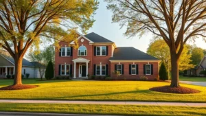 Modern two-story brick home with manicured lawn and mature trees in Lancaster Ohio neighborhood, suburban setting with white trim, professional landscaping, warm afternoon lighting