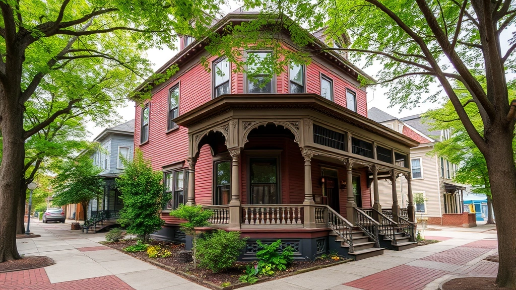 Historic Victorian-era home with original architectural details, wrap-around porch, period windows, located in downtown Lancaster Ohio district, tree-lined street with brick sidewalk