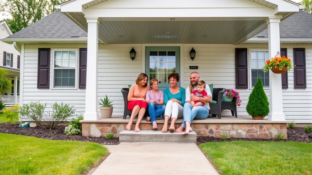 Family enjoying time on front porch of charming ranch-style home in Lancaster Ohio, green grass yard, welcoming entrance, residential neighborhood background with similar homes