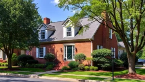 Charming brick home with white shutters and manicured landscaping on tree-lined residential street in North Carolina
