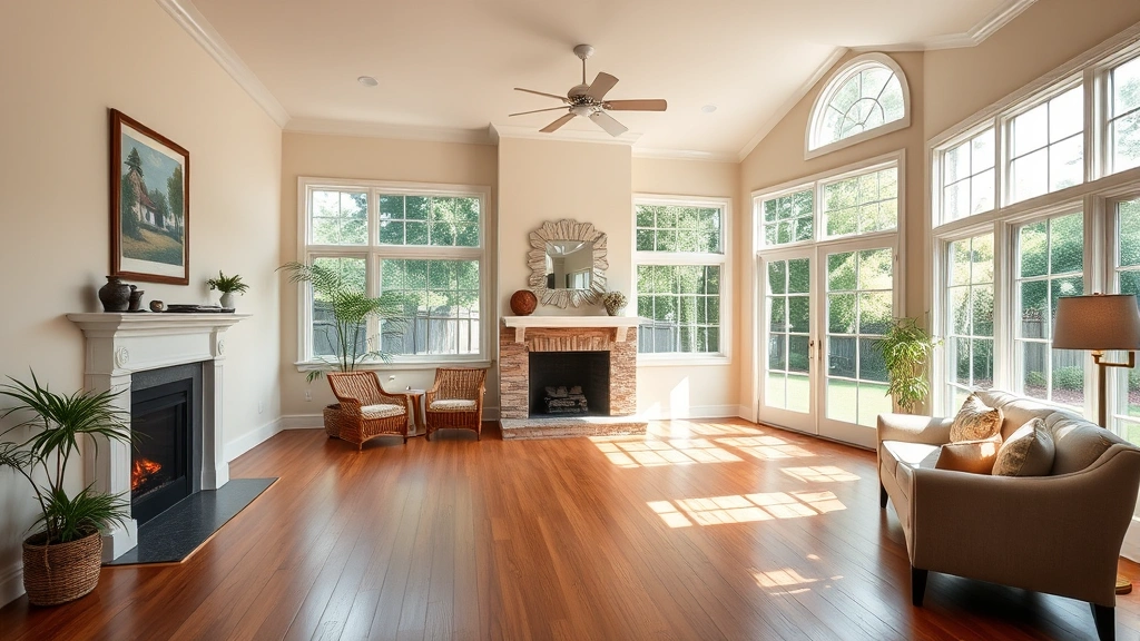 Spacious living room with cream walls, traditional fireplace, hardwood floors, and large windows overlooking peaceful backyard with mature trees