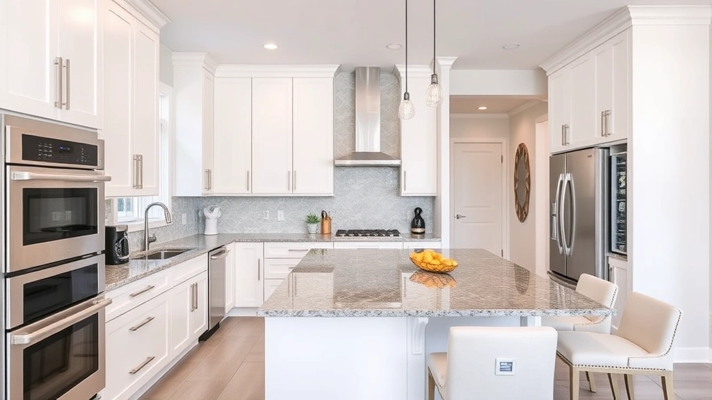 Modern kitchen with white cabinetry, stainless steel appliances, granite countertops, and island seating in contemporary home interior