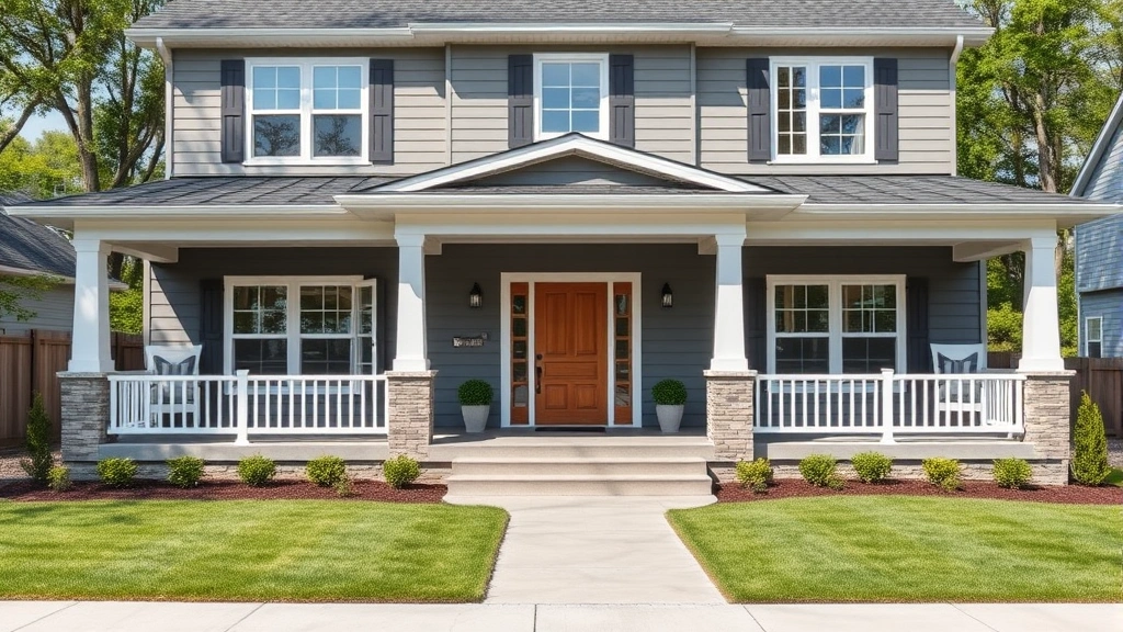 Modern Lincoln residential home with welcoming front porch, manicured lawn, and contemporary exterior design, bright daylight, photorealistic