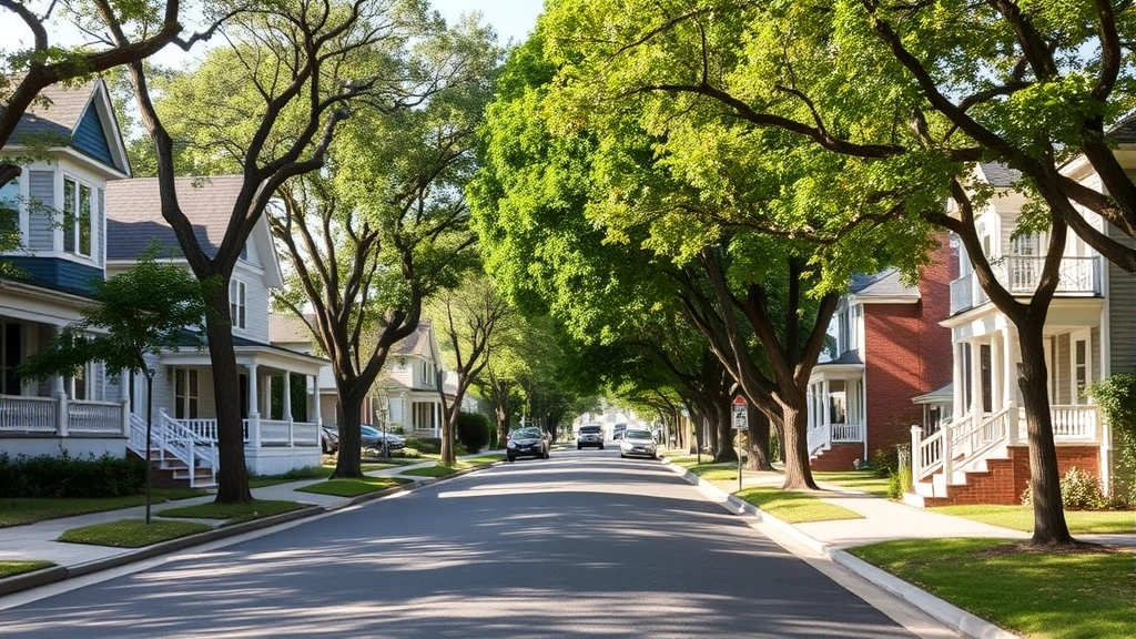 Spacious neighborhood street in Lincoln showing diverse architectural styles, tree-lined avenue, established community feel, natural lighting