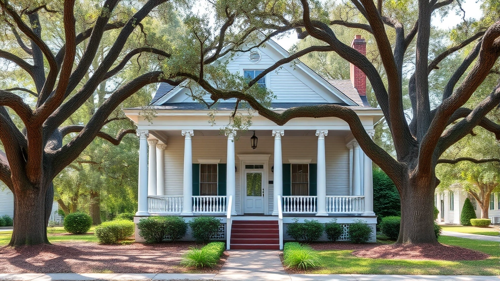 Charming Victorian-style house with white columns and wraparound porch surrounded by mature oak trees and manicured landscaping in Macon Georgia neighborhood
