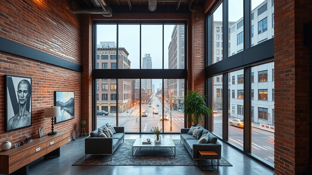 Modern downtown loft apartment interior with exposed brick walls, large windows, concrete floors, and contemporary furnishings overlooking city street