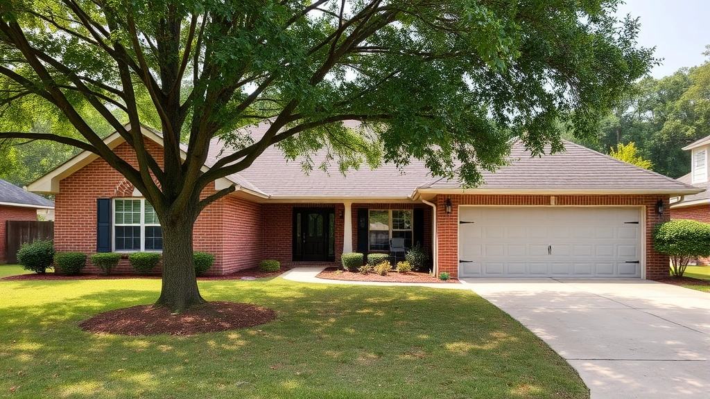 Spacious suburban family home with brick exterior, two-car garage, large front yard with mature trees, and welcoming entrance in residential Macon neighborhood