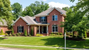 Modern two-story brick home with manicured lawn and mature landscaping in upscale Madison Mississippi neighborhood, professional real estate photography, daytime natural lighting, well-maintained curb appeal, no signs or text