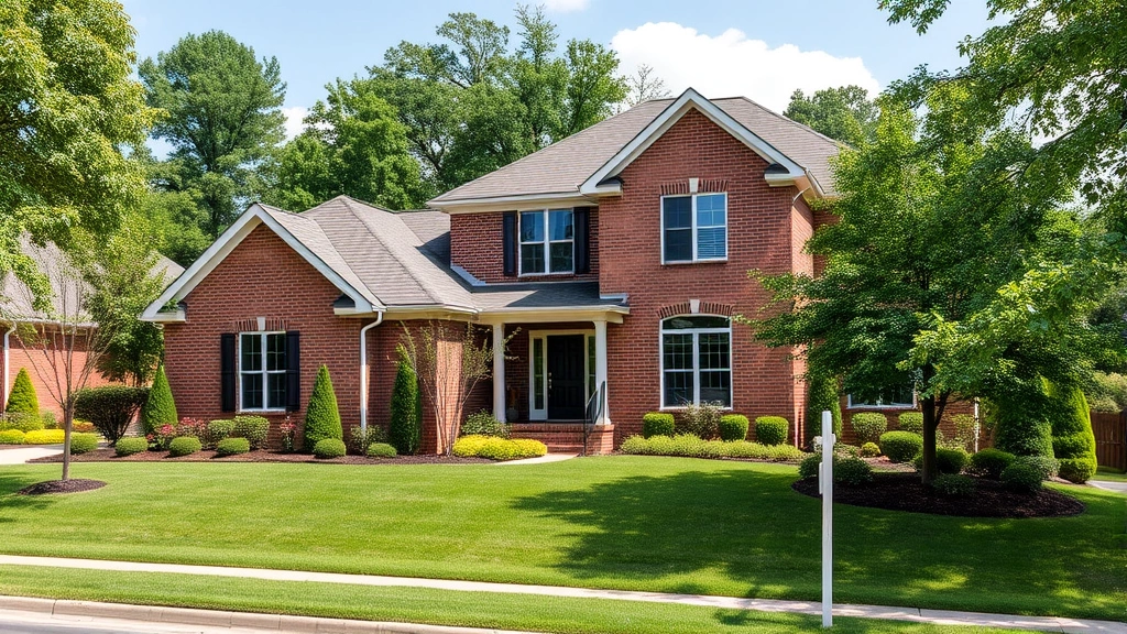 Modern two-story brick home with manicured lawn and mature landscaping in upscale Madison Mississippi neighborhood, professional real estate photography, daytime natural lighting, well-maintained curb appeal, no signs or text