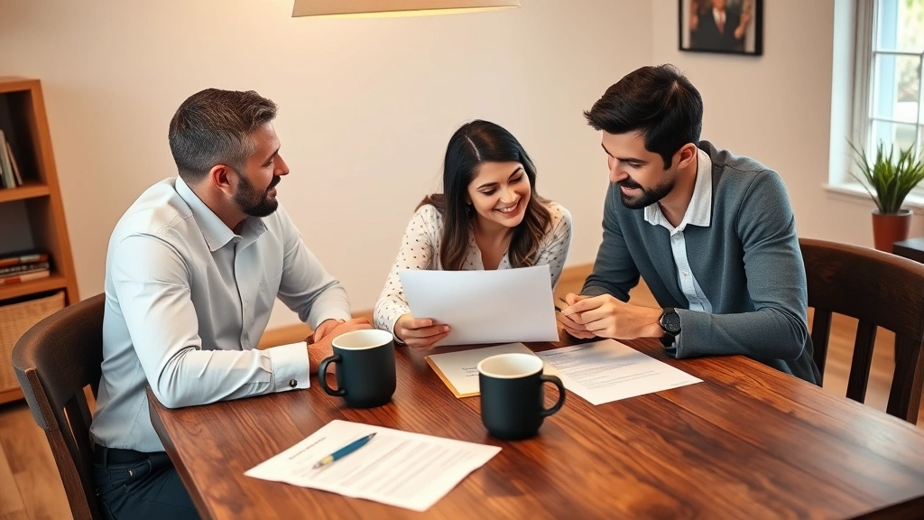 Real estate agent and young couple reviewing documents at wooden table with coffee cups, discussing home purchase agreement, professional interior setting, warm lighting, genuine interaction, no visible text on papers