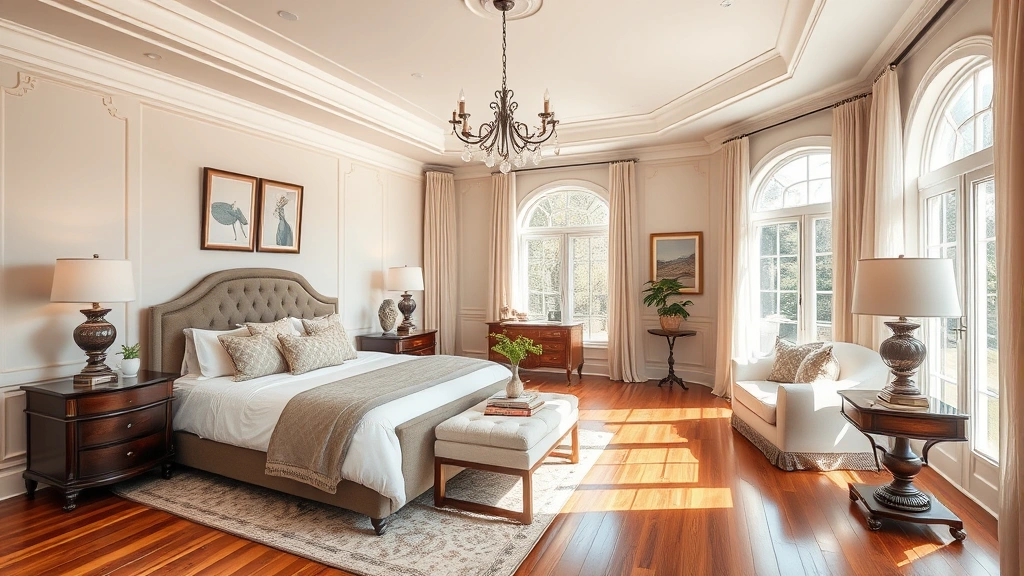 Beautiful master bedroom with elegant furnishings, natural light from windows, hardwood floors, neutral color palette, staging style, high-quality residential interior photography, no text or identifying marks visible