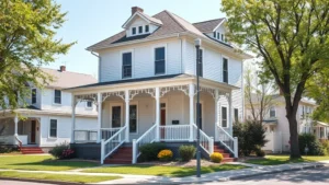 Photorealistic image of a charming two-story Victorian home with white trim, wraparound porch, and mature landscaping in Marion Ohio neighborhood, bright daylight, well-maintained property, family-friendly street setting