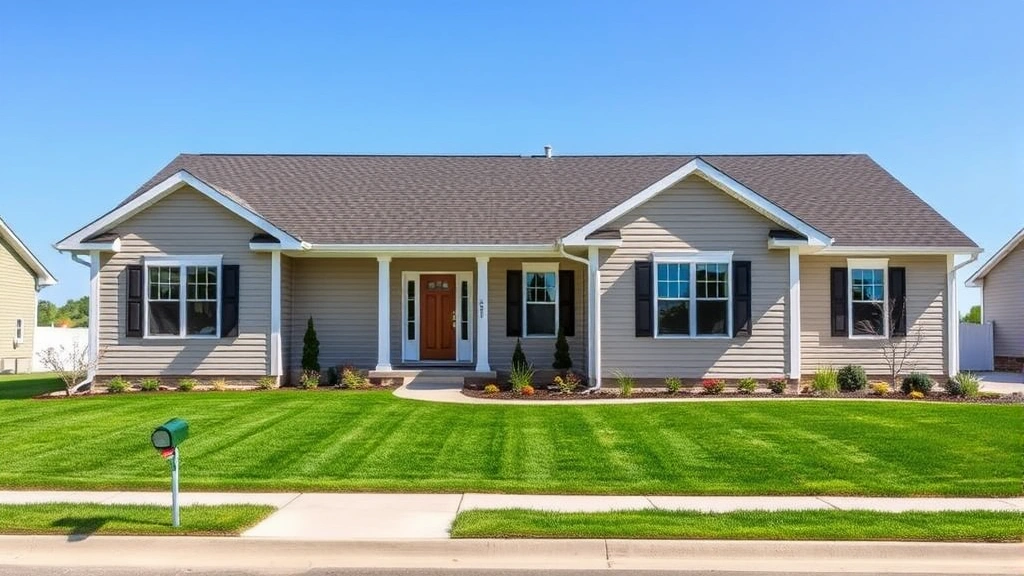 Realistic photo of a modern ranch-style home with updated exterior, welcoming front entrance, contemporary siding, manicured lawn, and driveway, representing typical Marion Ohio residential property