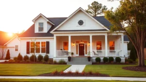 Modern farmhouse home with white exterior, large front porch, manicured landscaping, and welcoming entrance in suburban Georgia neighborhood at golden hour