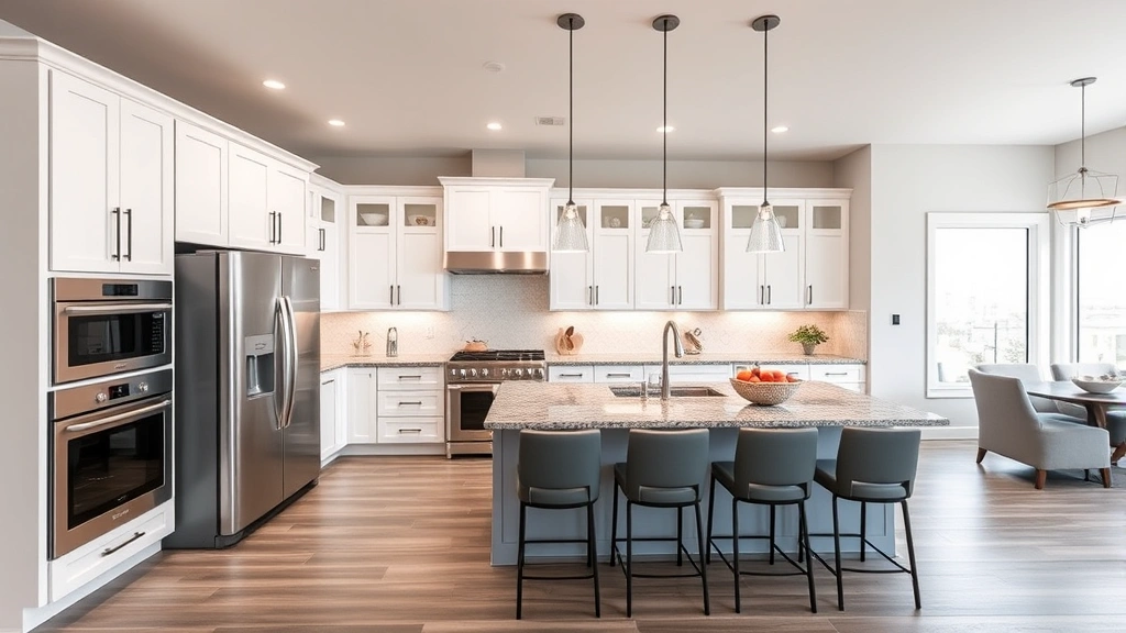 Contemporary kitchen with white cabinetry, stainless steel appliances, granite countertops, island seating, and open floor plan in modern home