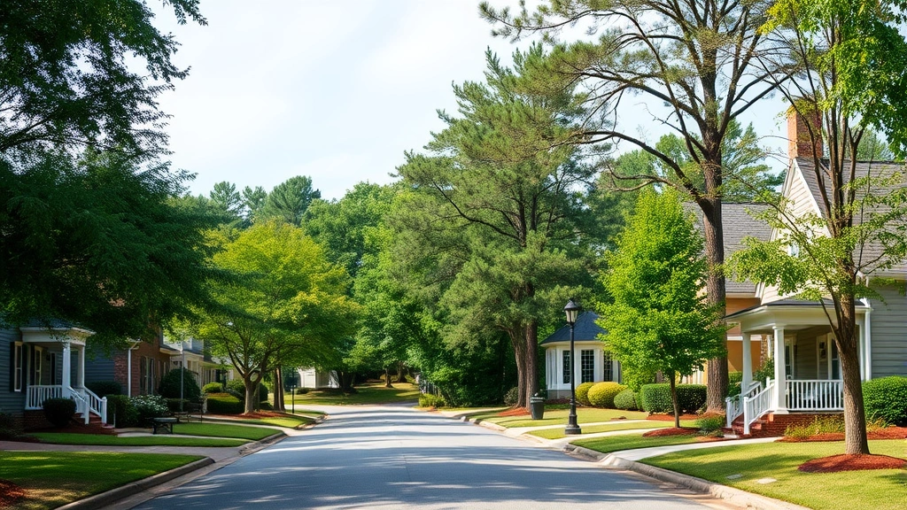 Beautiful residential street lined with mature trees, well-maintained homes with varied architectural styles, and peaceful suburban setting in Georgia community