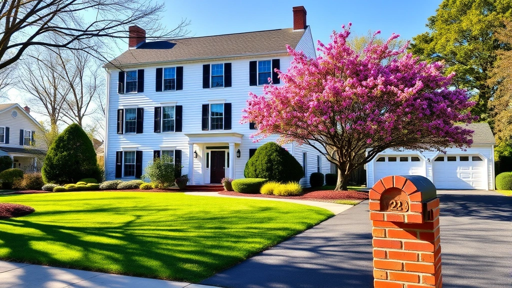 Beautiful two-story colonial home with white exterior, black shutters, manicured front lawn with flowering trees, brick mailbox, driveway leading to attached garage, morning sunlight