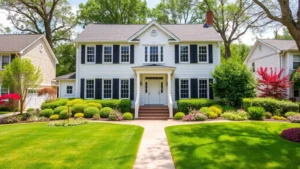 Beautiful suburban two-story colonial home with white trim, manicured lawn, flowering landscaping, and welcoming front entrance in residential neighborhood setting