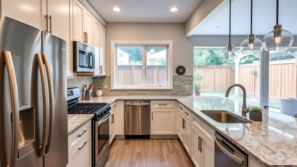 Modern kitchen interior with stainless steel appliances, granite countertops, white cabinetry, and natural lighting from windows overlooking backyard patio area