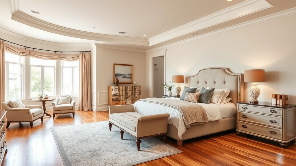 Spacious master bedroom with neutral tones, large bed, sitting area, elegant bedding, natural light from bay window, hardwood flooring, tasteful decor