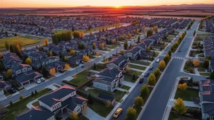 Aerial view of modern Meridian Idaho suburban neighborhood with contemporary homes, green spaces, and tree-lined streets during golden hour sunset