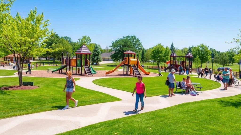 Meridian Regional Park with families enjoying playgrounds, walking trails, manicured lawns, and community gathering spaces on sunny day