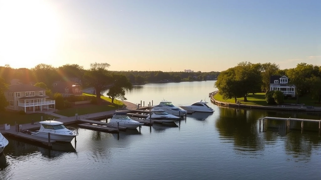 Scenic Navesink River waterfront with luxury homes and boats docked at private piers, morning sunlight reflecting off calm water, established oak trees framing the properties