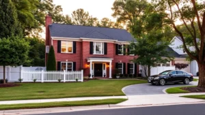 Modern colonial home with brick facade, manicured lawn, mature trees, white fence, driveway with luxury vehicle, suburban neighborhood setting, golden hour lighting, professional real estate photography