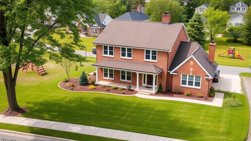 Modern suburban family home with manicured lawn and brick exterior situated in established Middletown neighborhood, children's playground visible in background park area