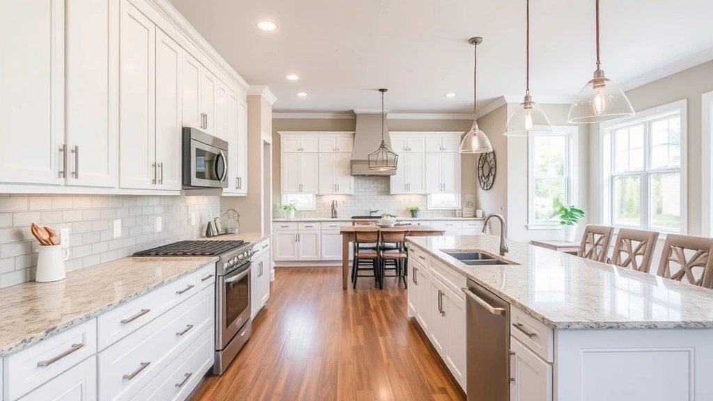 Spacious kitchen with white cabinetry, granite countertops, stainless steel appliances, large island, pendant lighting, open floor plan connecting to dining area, bright natural light from windows