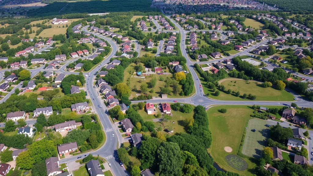 Aerial view of Middletown Township residential community showing diverse neighborhoods, tree-lined streets, parks, and winding roads connecting established subdivisions