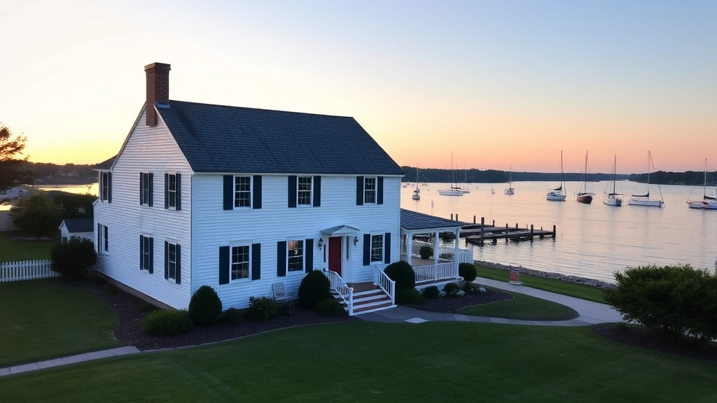 Charming waterfront Connecticut home with white exterior, blue shutters, and manicured lawn overlooking calm harbor water at sunset with sailboats in background
