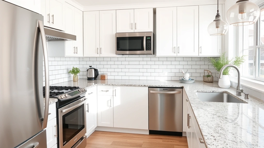 Modern kitchen renovation with white subway tile backsplash, stainless steel appliances, white cabinetry, and granite countertops in bright natural light