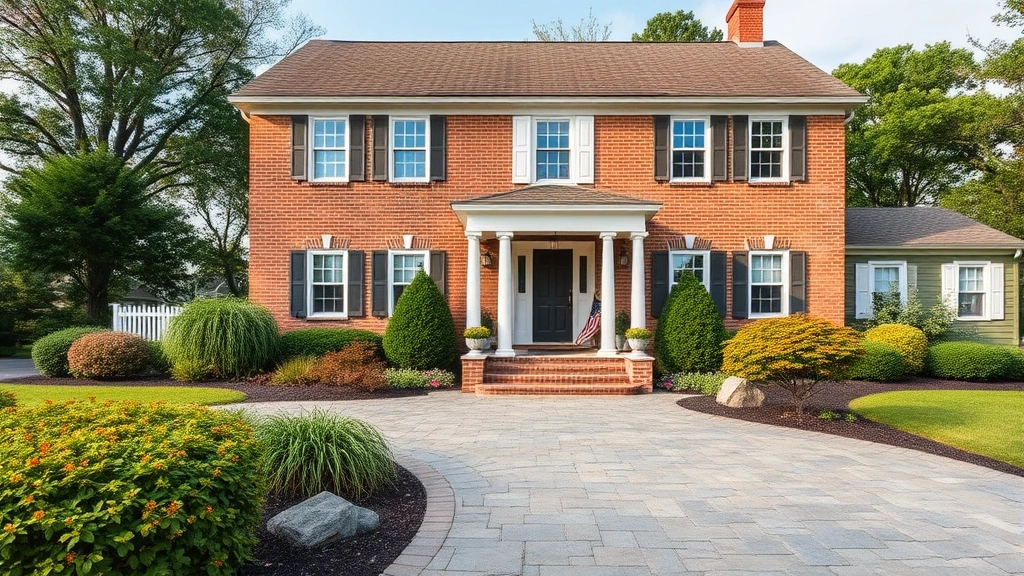 Beautiful colonial-style home exterior with brick facade, white trim, mature landscaping, stone driveway, and welcoming front entrance in New England coastal setting