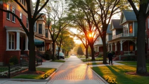 Charming brick residential street in Moline Illinois with mature trees lining sidewalk, Victorian-era homes with updated details, peaceful suburban setting during golden hour sunlight