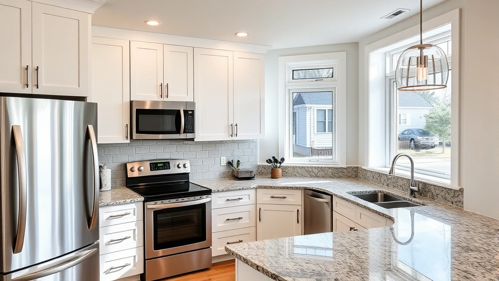 Modern kitchen interior with stainless steel appliances, granite countertops, white cabinetry, and natural light from bay window overlooking residential neighborhood