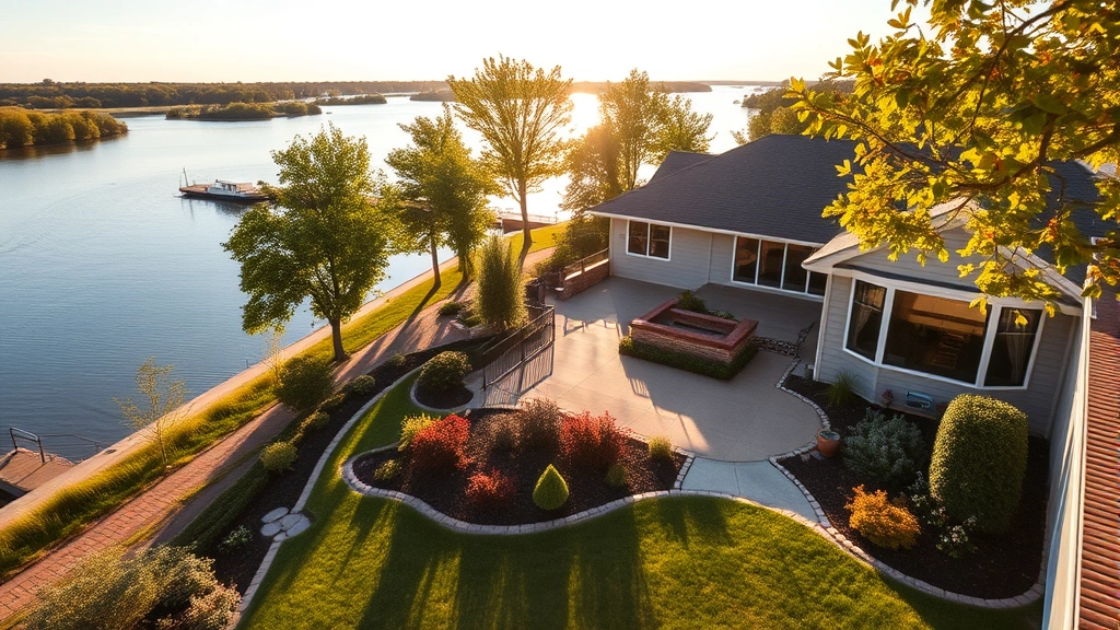 Waterfront property near Mississippi River in Moline with mature landscaping, river views, deck area, and contemporary single-family home exterior during afternoon sunshine