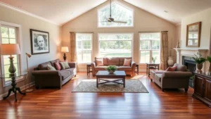 Bright sunlit living room with hardwood floors, comfortable furniture, and large windows overlooking green lawn in suburban Murfreesboro home
