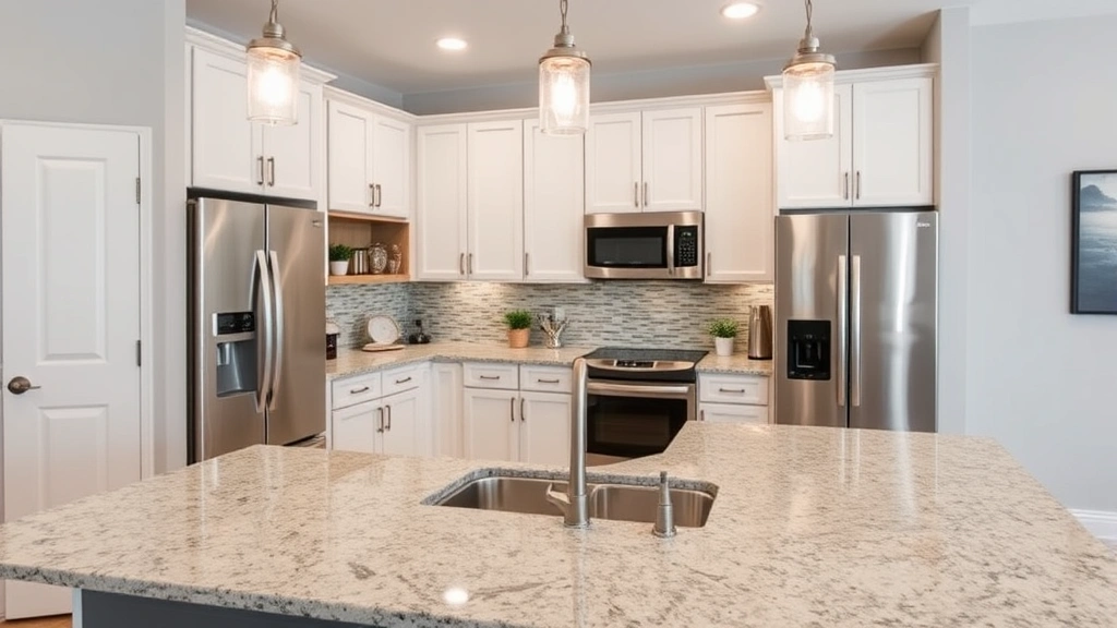 Modern kitchen with granite countertops and stainless steel appliances in newly renovated Murfreesboro home