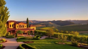 Luxurious Napa Valley wine country estate with manicured gardens, vineyard views in background, Mediterranean-style architecture, golden hour lighting, rolling hills, professional real estate photography style