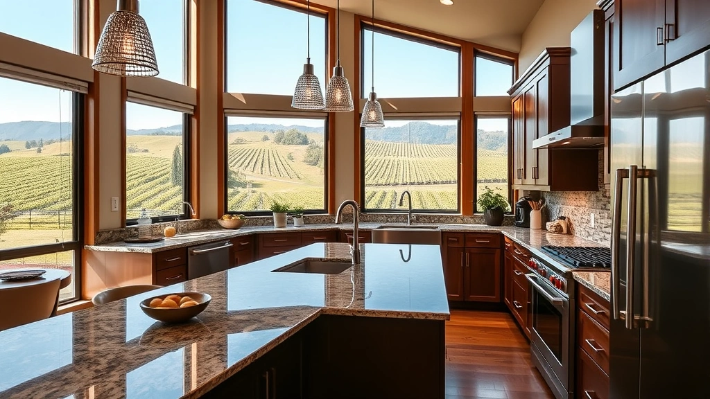 Modern kitchen in upscale Napa home with stainless steel appliances, granite countertops, large windows overlooking vineyards, contemporary cabinetry, warm natural lighting, residential interior design
