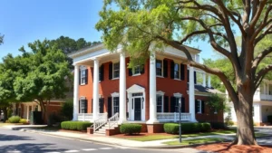 Charming two-story colonial home with white columns and brick exterior on tree-lined street in New Bern, North Carolina, daytime, perfect condition