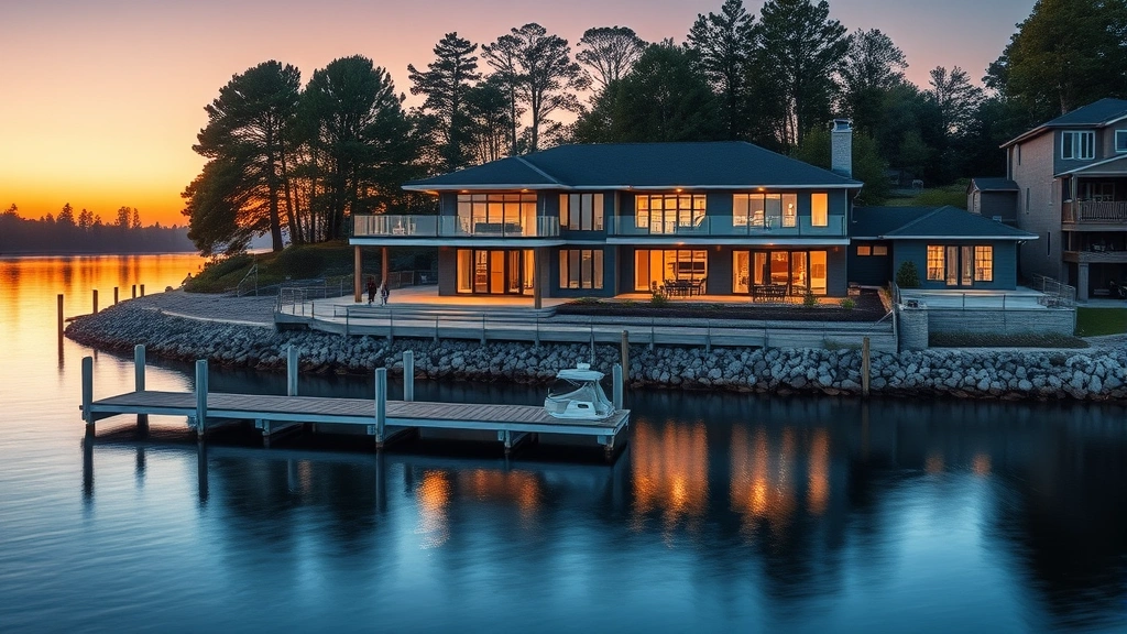 Waterfront luxury home with dock and river views, sunset lighting, modern architecture, peaceful water setting with trees in background