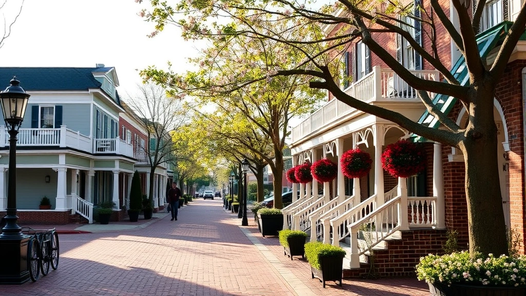 Historic downtown New Bern neighborhood with restored Victorian homes, brick sidewalks, flowering trees, warm afternoon light, authentic period character