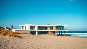 Modern oceanfront beach house in Oceanside California with contemporary architecture, ocean views, sandy beach in foreground, blue sky and waves