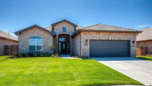 Modern suburban home exterior with manicured lawn, two-car garage, blue sky, professional landscaping in Odessa Texas style residential neighborhood