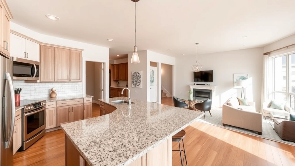 Spacious open-concept kitchen and living room with natural light, granite countertops, stainless steel appliances, hardwood floors, contemporary design