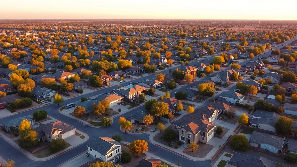 Aerial view of Odessa Texas residential neighborhood showing multiple single-family homes, streets, mature trees, suburban development pattern at golden hour