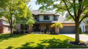 Modern suburban home exterior with manicured lawn and mature trees in Parma Ohio neighborhood, bright daylight, welcoming curb appeal