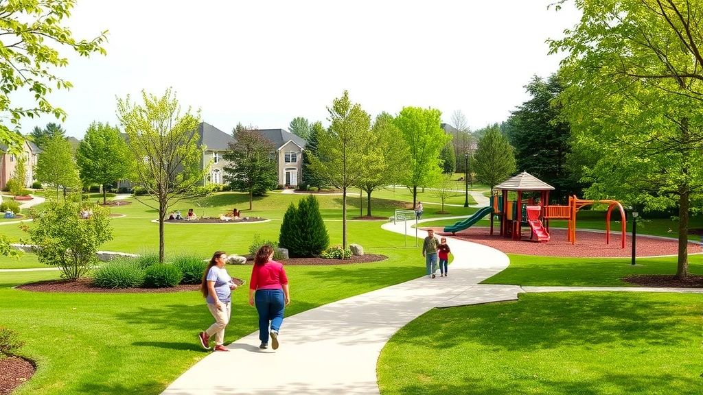 Community park with walking paths, green spaces, playground equipment, families enjoying outdoor recreation in established neighborhood